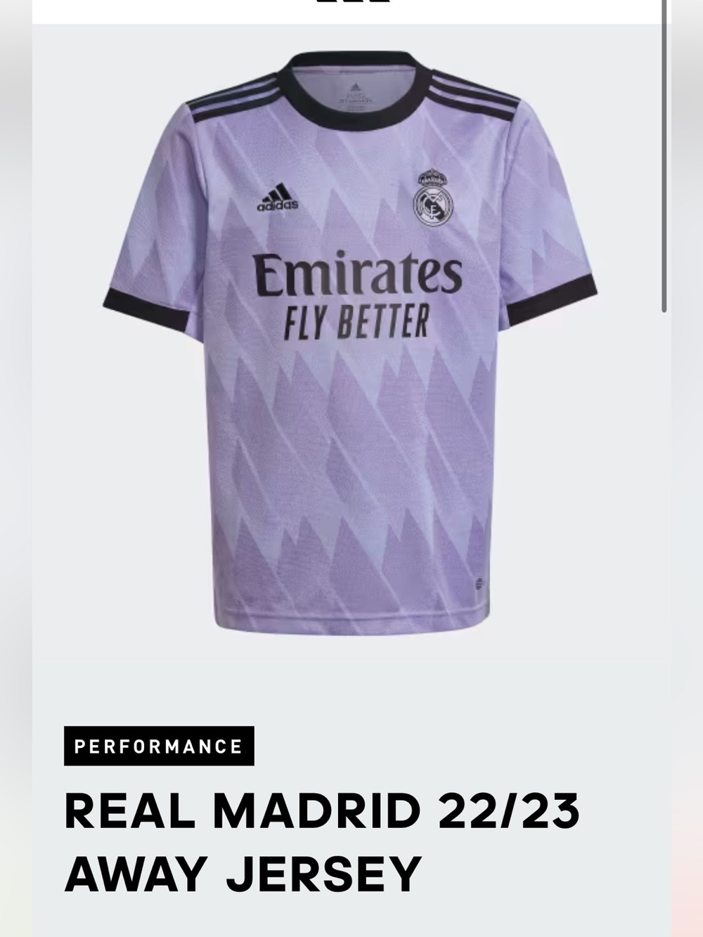 Adidas Kids XL/women’s Med Real Madrid 22/23 Away Jersey - Lavender